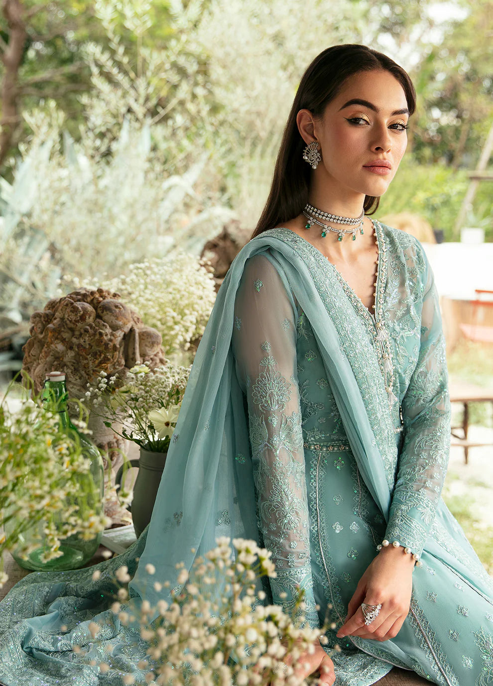 Model wearing Gulaal Iveria sea green chiffon Eid dress, Suffuse detailing, exclusive Pakistani clothes UK.
