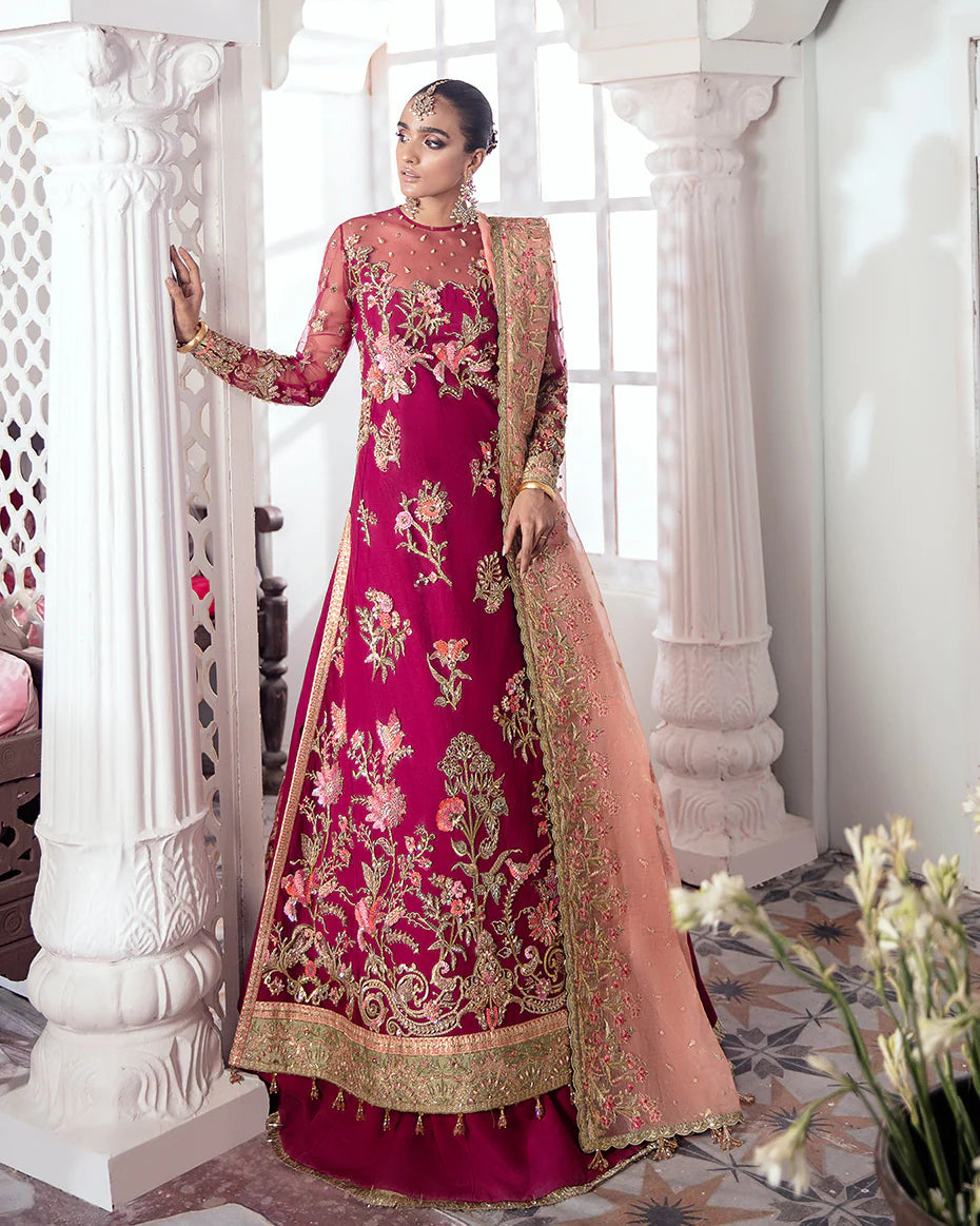 Model in Gulaal UK CHAMELI, magenta embroidered net formal suit, Meherma Wedding Formals.
