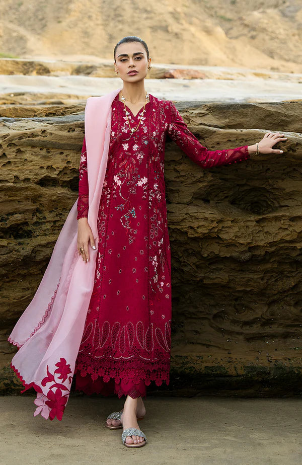Model wearing deep red embroidered dress with pink dupatta from Soraya Noa Summer Casual Pret 2025 Carmine. Pakistani luxury pret in UK.