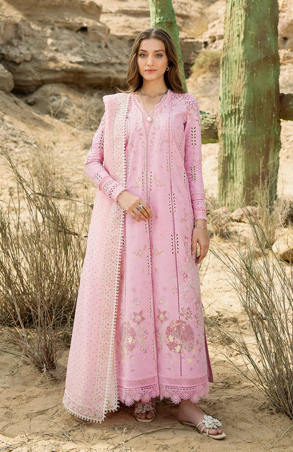 Model wearing blush pink embroidered dress with delicate mirror work and lace detailing from Soraya Noa Summer Casual Pret 2025 Chloe. Pakistani clothes online UK.