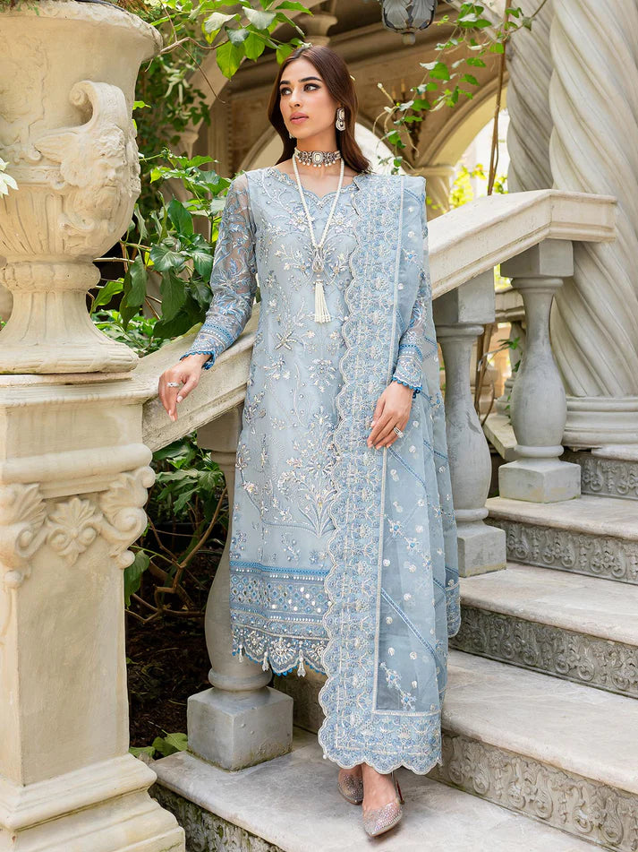 Model wearing pastel blue Estirah GL-LP-V1-02 from Gulaal, a stunning Pakistani luxury pret—shop Gulaal Pakistani clothes online in UK.