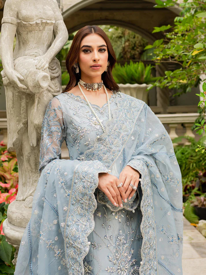 Model wearing pastel blue Estirah GL-LP-V1-02 from Gulaal, a stunning Pakistani luxury pret—shop Gulaal Pakistani clothes online in UK.