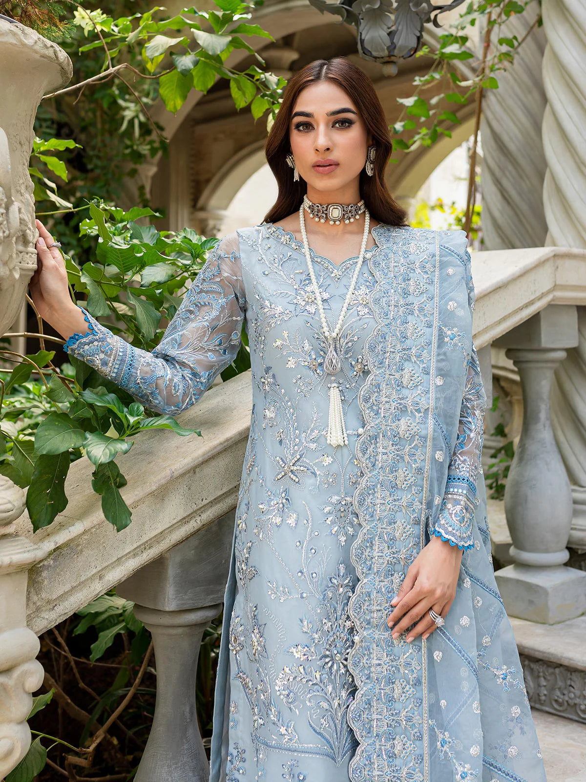 Model wearing pastel blue Estirah GL-LP-V1-02 from Gulaal, a stunning Pakistani luxury pret—shop Gulaal Pakistani clothes online in UK.