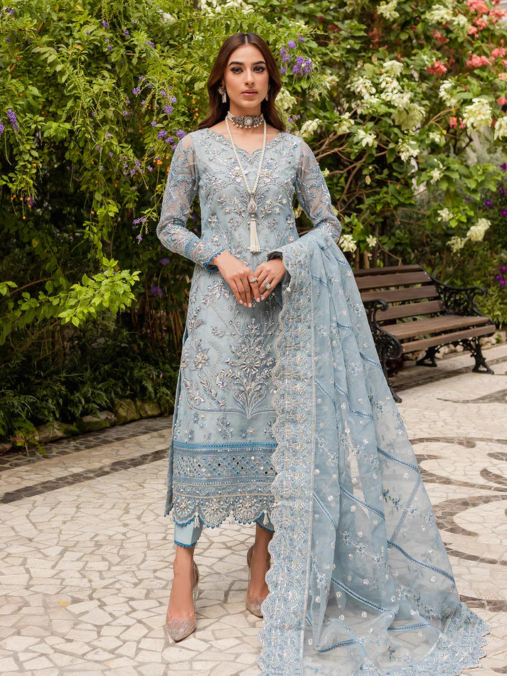 Model wearing pastel blue Estirah GL-LP-V1-02 from Gulaal, a stunning Pakistani luxury pret—shop Gulaal Pakistani clothes online in UK.