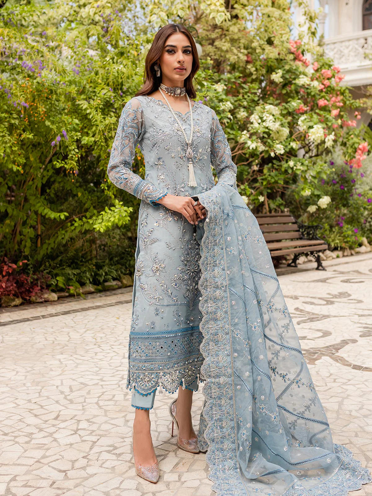Model wearing pastel blue Estirah GL-LP-V1-02 from Gulaal, a stunning Pakistani luxury pret—shop Gulaal Pakistani clothes online in UK.
