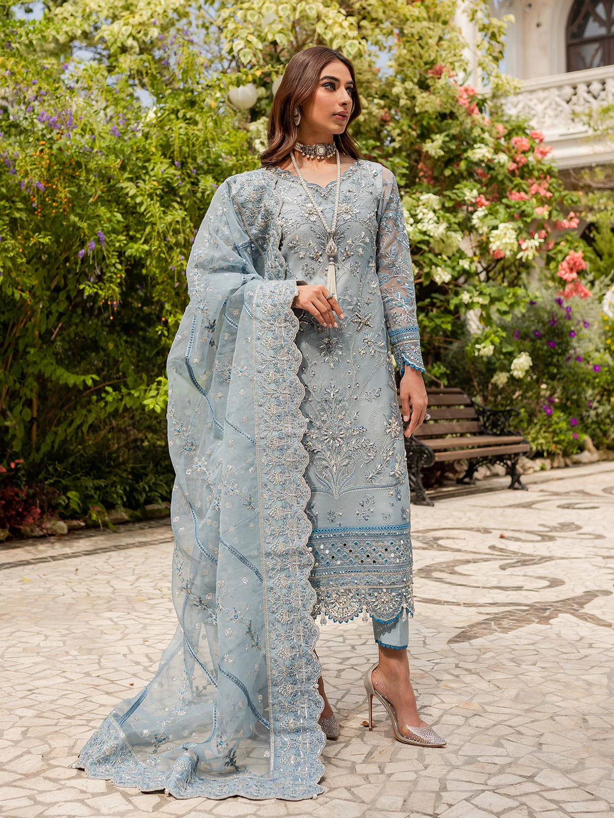 Model wearing pastel blue Estirah GL-LP-V1-02 from Gulaal, a stunning Pakistani luxury pret—shop Gulaal Pakistani clothes online in UK.