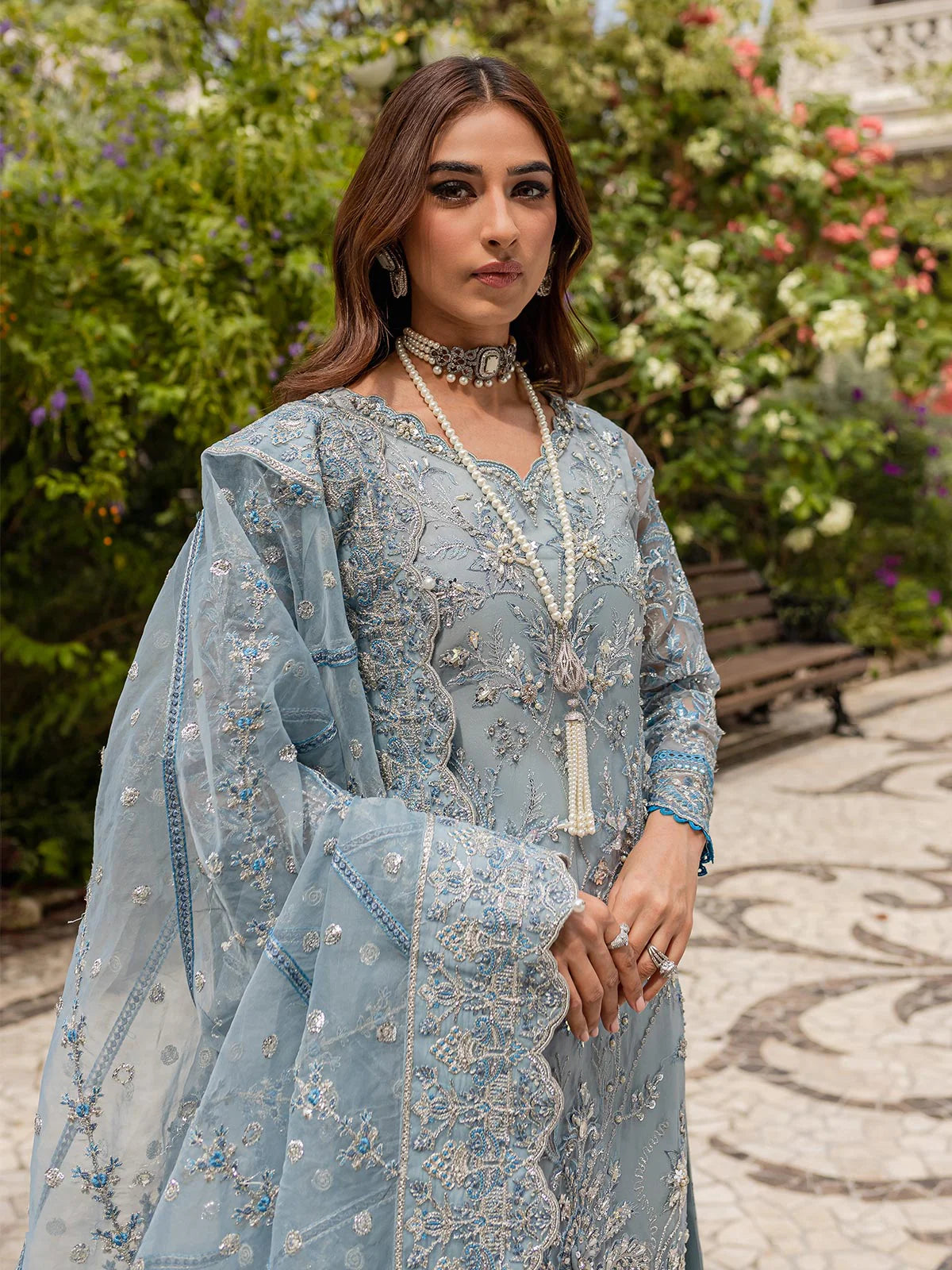 Model wearing pastel blue Estirah GL-LP-V1-02 from Gulaal, a stunning Pakistani luxury pret—shop Gulaal Pakistani clothes online in UK.