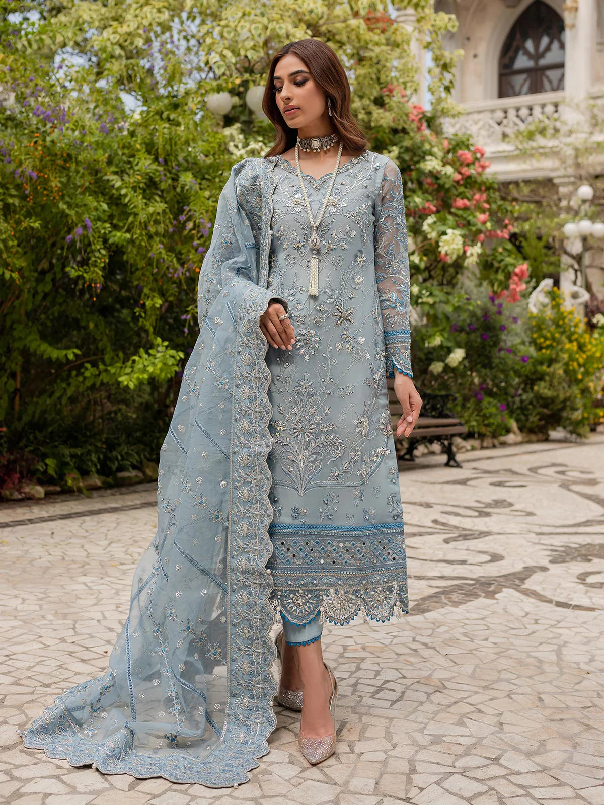 Model wearing pastel blue Estirah GL-LP-V1-02 from Gulaal, a stunning Pakistani luxury pret—shop Gulaal Pakistani clothes online in UK.
