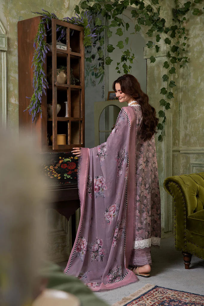 Model wearing mauve floral embroidered Design 2A outfit from Sobia Nazir Vital '25 Vol. 2, Pakistani luxury pret clothes online in UK.