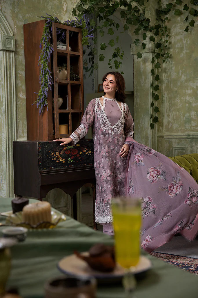 Model wearing mauve floral embroidered Design 2A outfit from Sobia Nazir Vital '25 Vol. 2, Pakistani luxury pret clothes online in UK.
