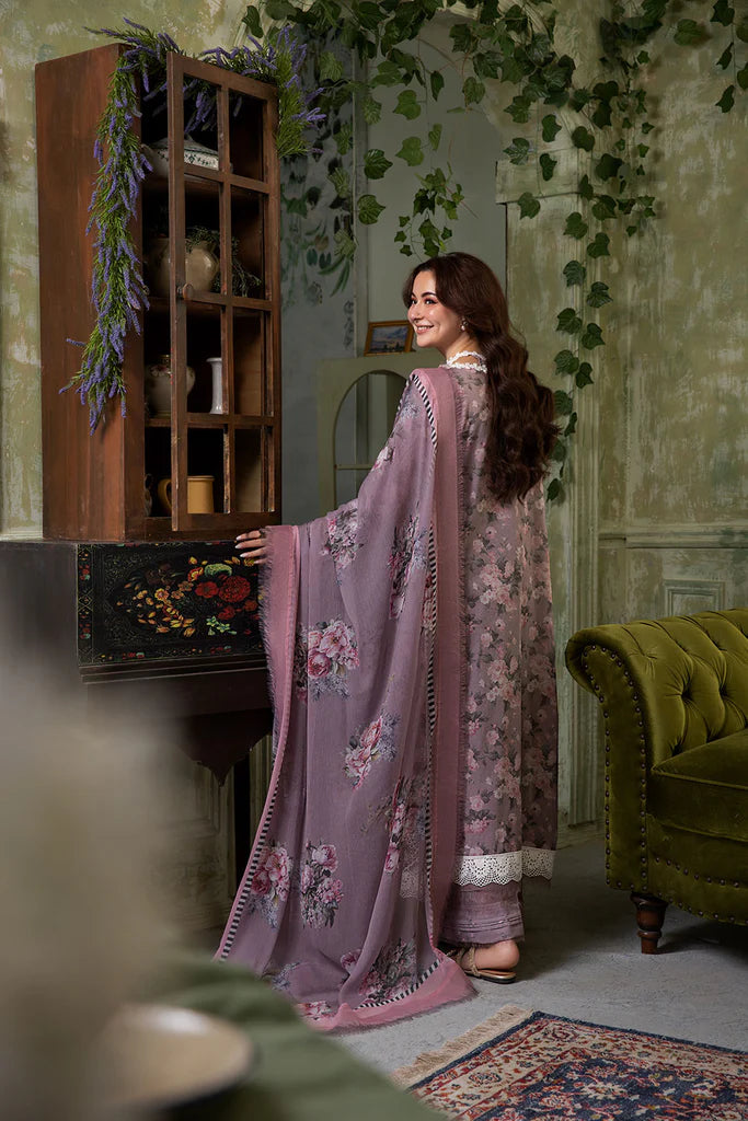 Model wearing mauve floral embroidered Design 2A outfit from Sobia Nazir Vital '25 Vol. 2, Pakistani luxury pret clothes online in UK.