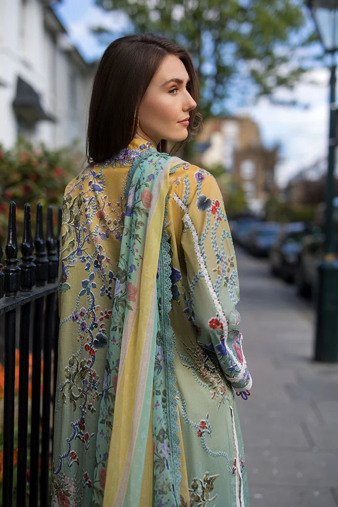 Model wearing multicolour printed green and mustard Design 2B dress from Sobia Nazir, Pakistani Casual Pret, Pakistani clothes online in UK.