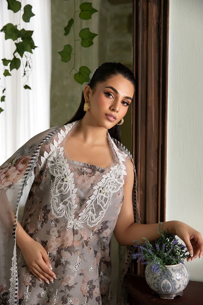 Model wearing grey floral Design 2B outfit from Sobia Nazir Vital '25 Vol. 2, Pakistani luxury pret and clothes online in UK.