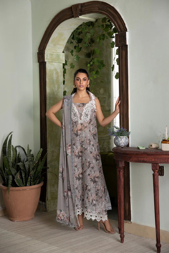Model wearing grey floral Design 2B outfit from Sobia Nazir Vital '25 Vol. 2, Pakistani luxury pret and clothes online in UK.