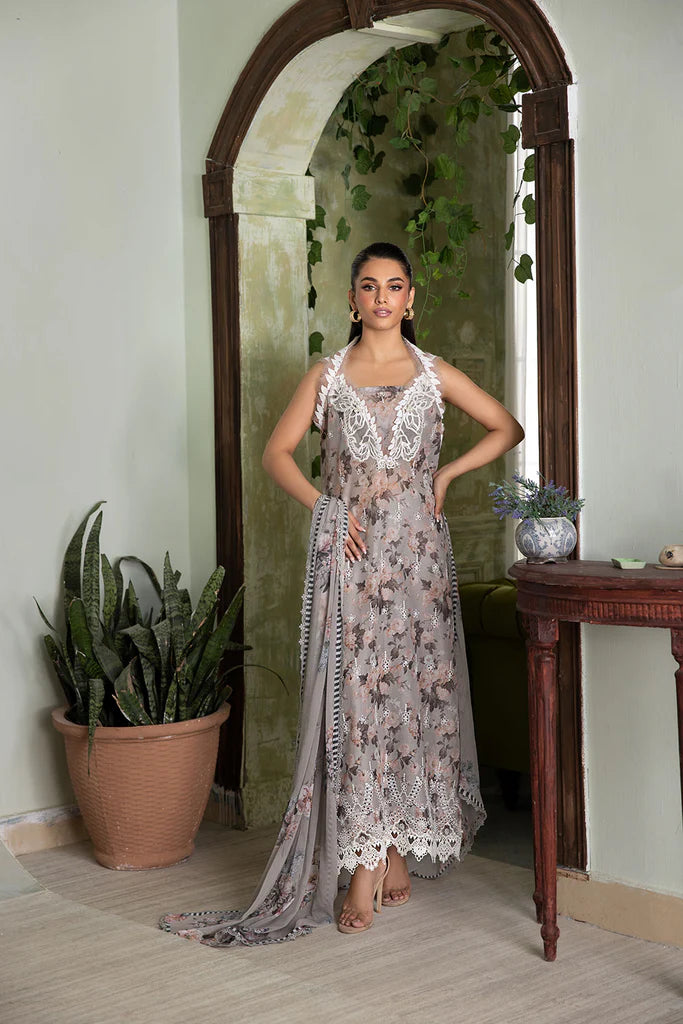 Model wearing grey floral Design 2B outfit from Sobia Nazir Vital '25 Vol. 2, Pakistani luxury pret and clothes online in UK.