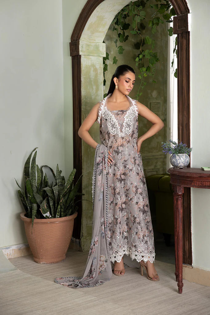Model wearing grey floral Design 2B outfit from Sobia Nazir Vital '25 Vol. 2, Pakistani luxury pret and clothes online in UK.