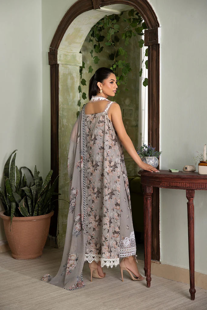 Model wearing grey floral Design 2B outfit from Sobia Nazir Vital '25 Vol. 2, Pakistani luxury pret and clothes online in UK.