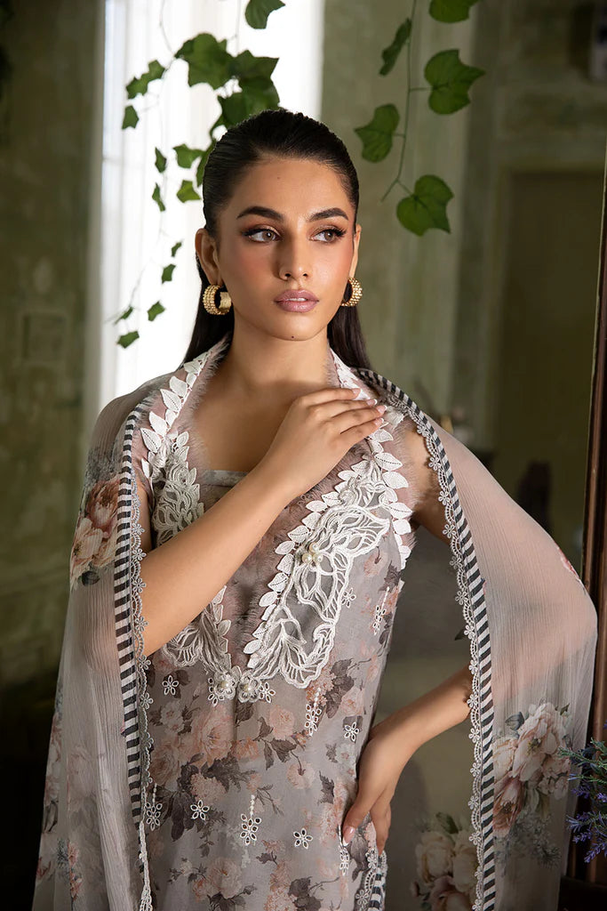 Model wearing grey floral Design 2B outfit from Sobia Nazir Vital '25 Vol. 2, Pakistani luxury pret and clothes online in UK.