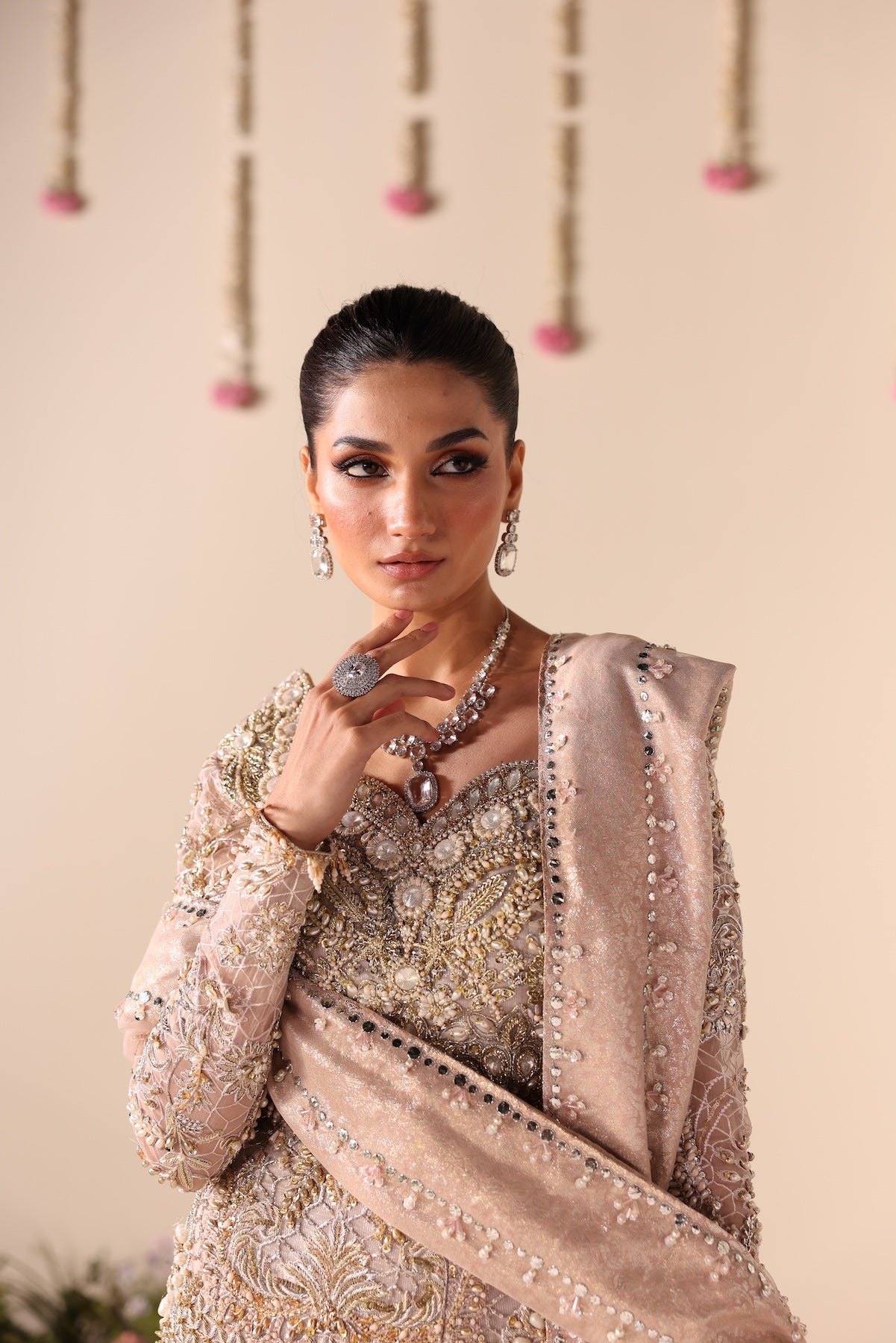 Model wearing silver and beige embellished bridal gown Salma from Mysie By Tahira Wedding Edits '25, Pakistani luxury pret online in UK.