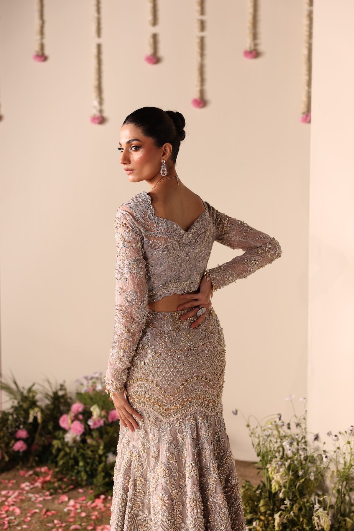 Model wearing silver and beige embellished bridal gown Salma from Mysie By Tahira Wedding Edits '25, Pakistani luxury pret online in UK.