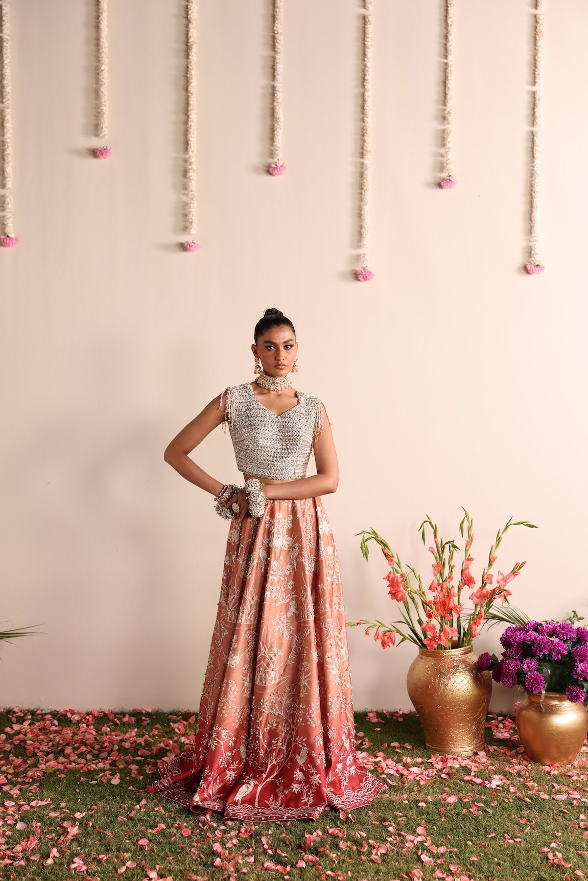 Model wearing silver and peach ombré lehenga set from Mysie By Tahira’s Dove design, Pakistani luxury pret and clothes online in UK.