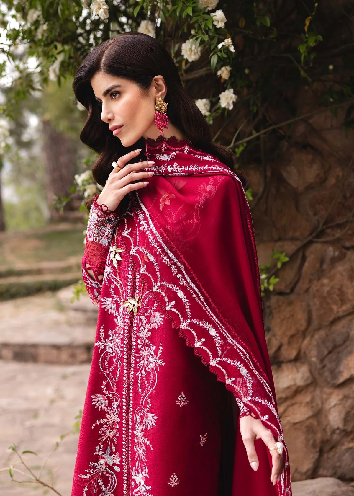 Model wearing deep red Cecil outfit from Kanwal Malik Ayra Casual Pret '25, showcasing Pakistani luxury pret and Pakistani clothes online in UK.