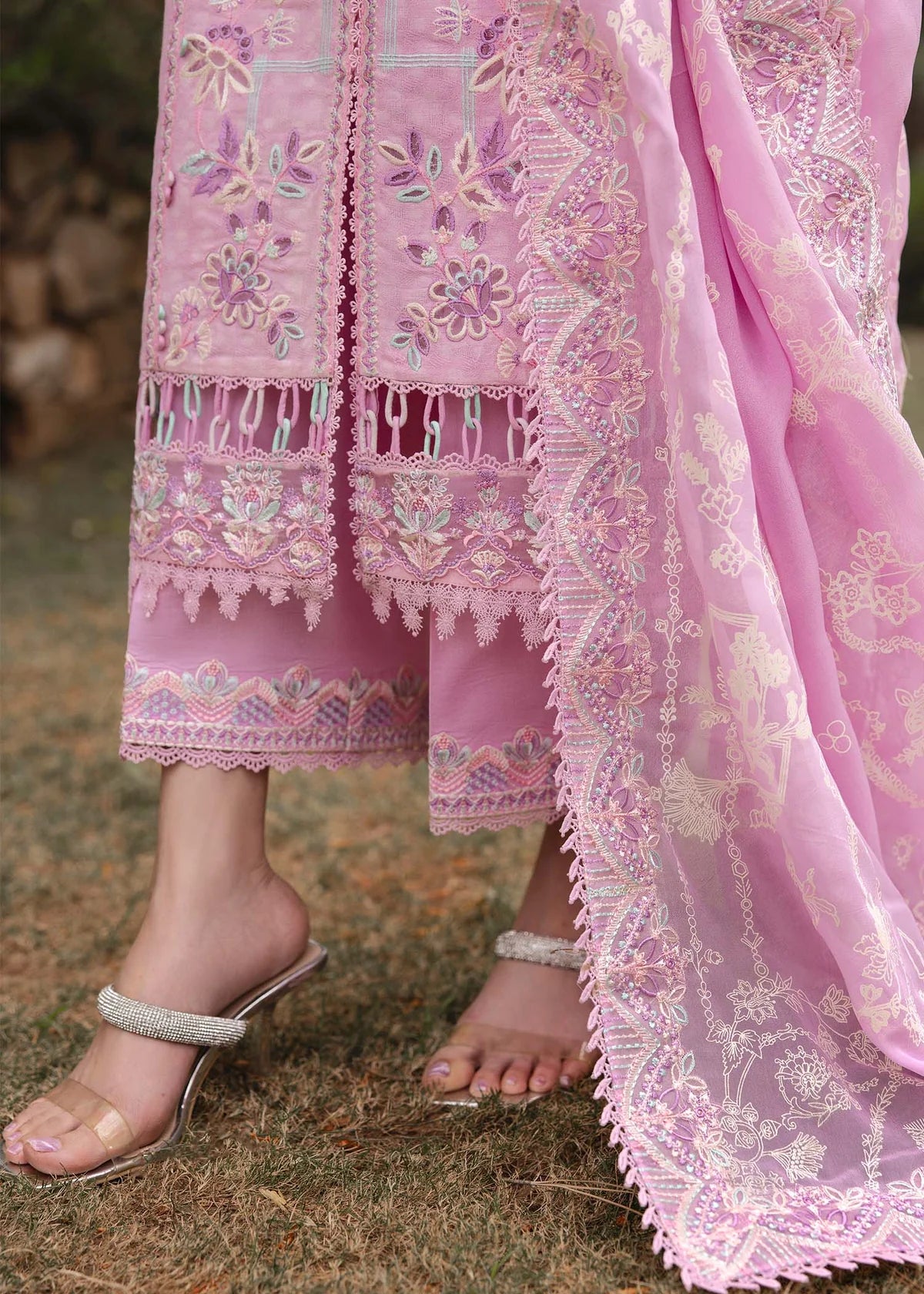 Model wearing pastel pink Maisie outfit from Kanwal Malik Ayra Casual Pret '25, featuring intricate embroidery and Pakistani luxury pret style available for Pakistani clothes online in UK.