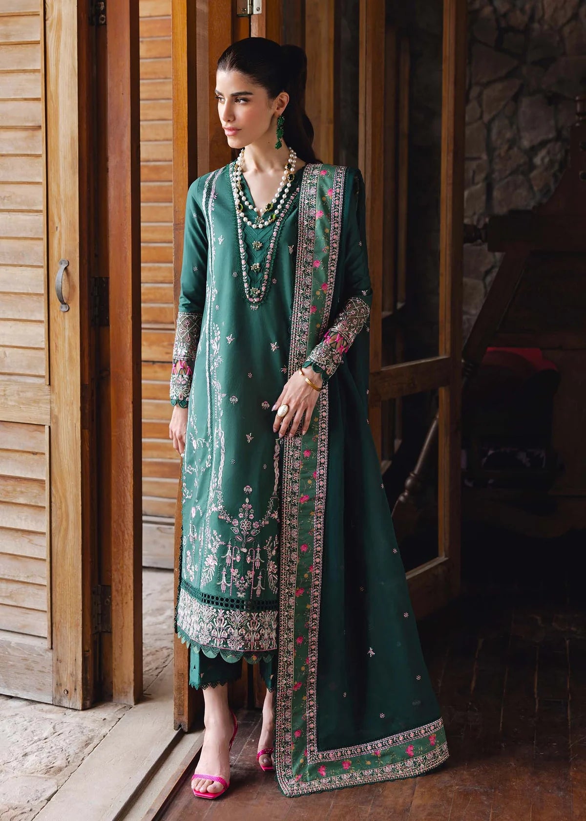 Model wearing deep green Madeline outfit from Kanwal Malik Ayra Casual Pret '25, featuring Pakistani luxury pret and Pakistani clothes online in UK.