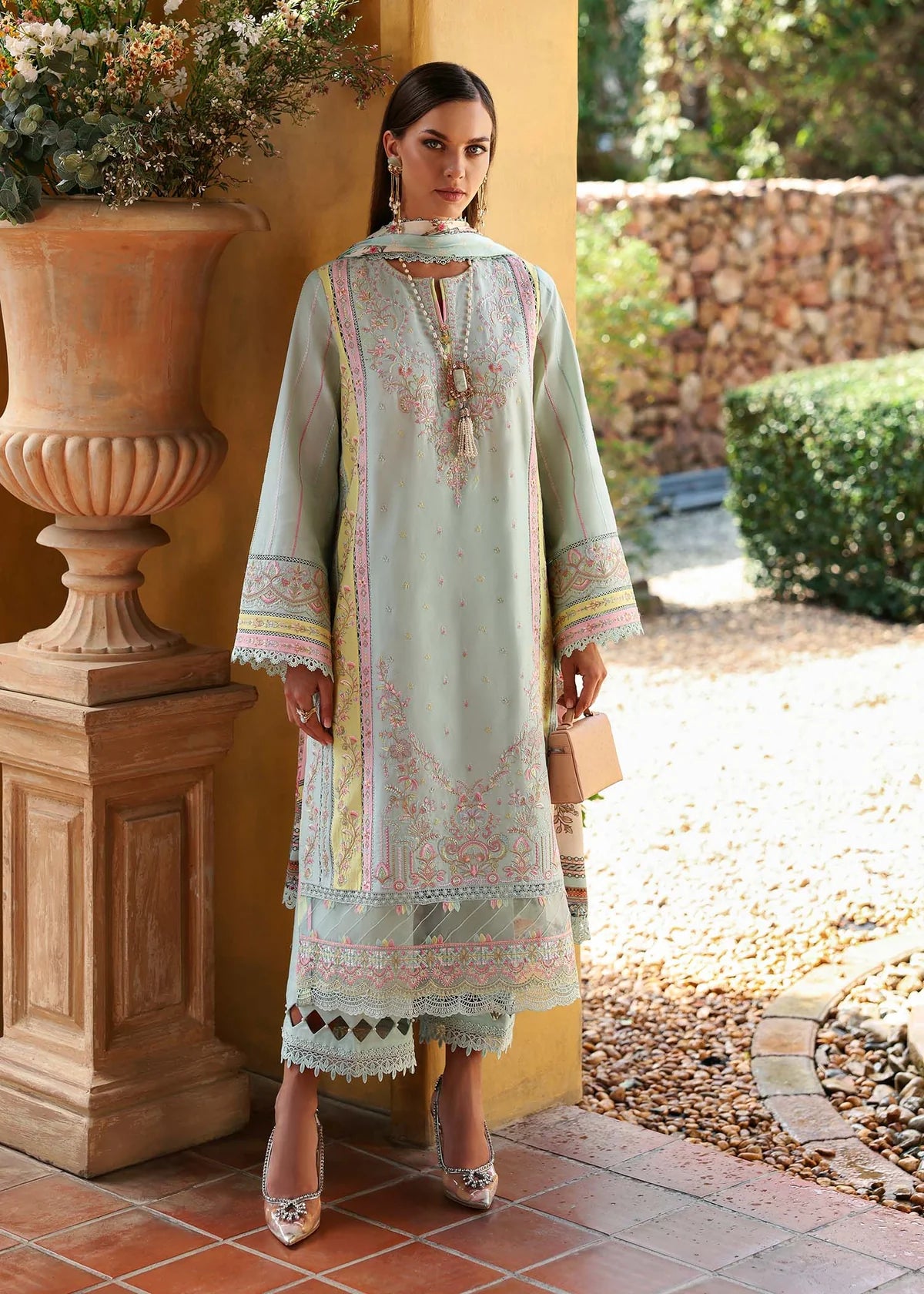 Model wearing pastel blue Camila dress from Kanwal Malik Zaina Lawn '25, perfect for Pakistani luxury pret and clothes online in UK.