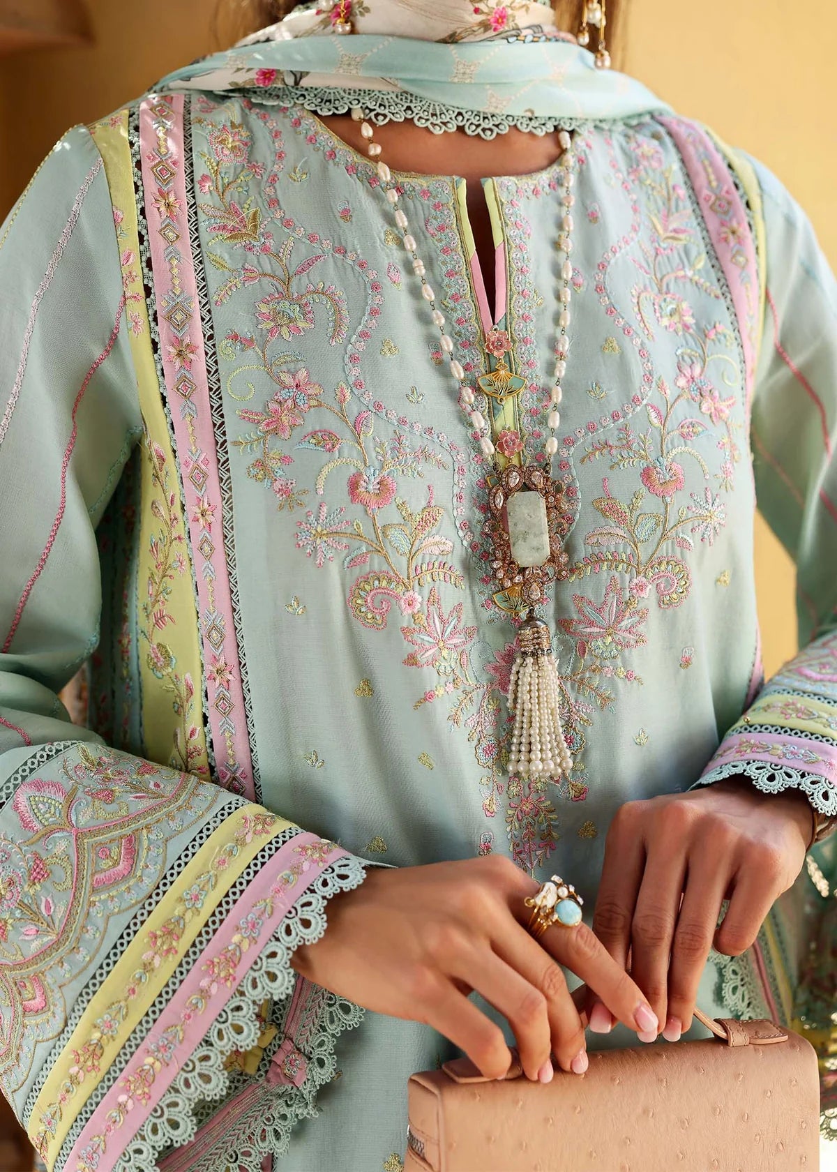 Model wearing pastel blue Camila dress from Kanwal Malik Zaina Lawn '25, perfect for Pakistani luxury pret and clothes online in UK.