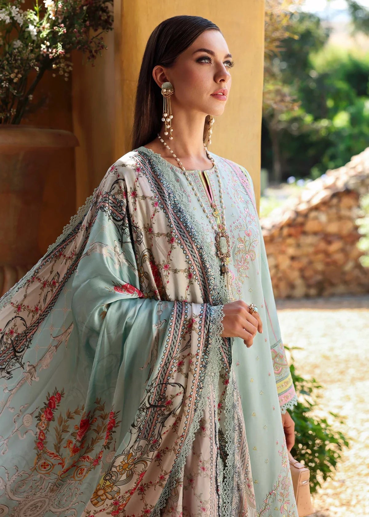 Model wearing pastel blue Camila dress from Kanwal Malik Zaina Lawn '25, perfect for Pakistani luxury pret and clothes online in UK.
