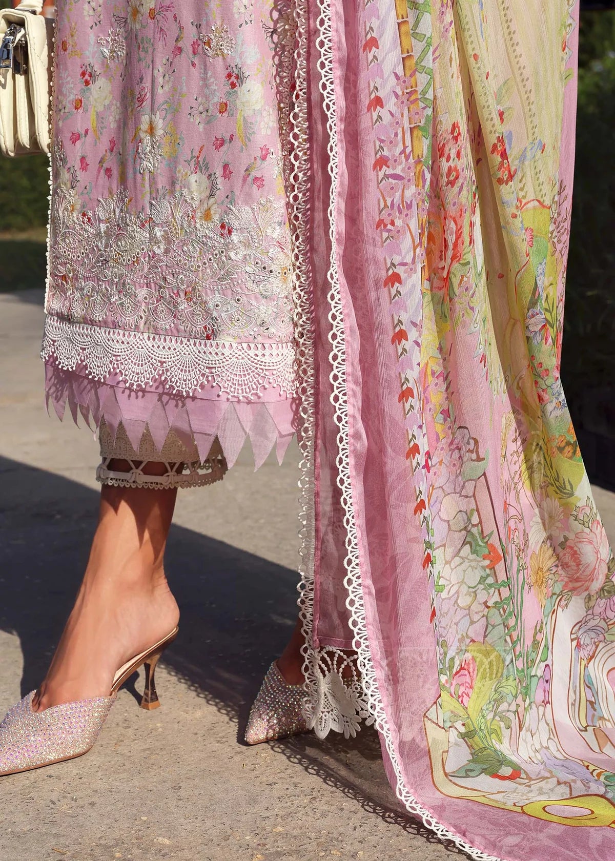 Model wearing pastel pink Lyle dress from Kanwal Malik Zaina Lawn '25, ideal for Pakistani luxury pret and Pakistani clothes online in UK.