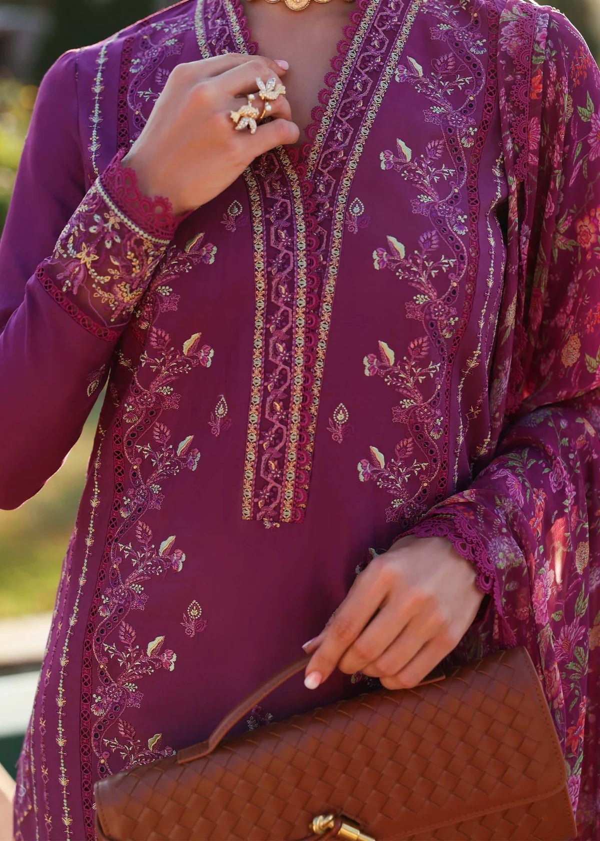 Model wearing deep magenta Alvina dress from Kanwal Malik Zaina Lawn '25, perfect Pakistani luxury pret for women shopping online in UK.