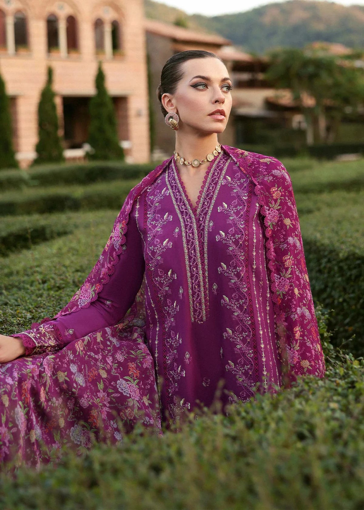 Model wearing deep magenta Alvina dress from Kanwal Malik Zaina Lawn '25, perfect Pakistani luxury pret for women shopping online in UK.