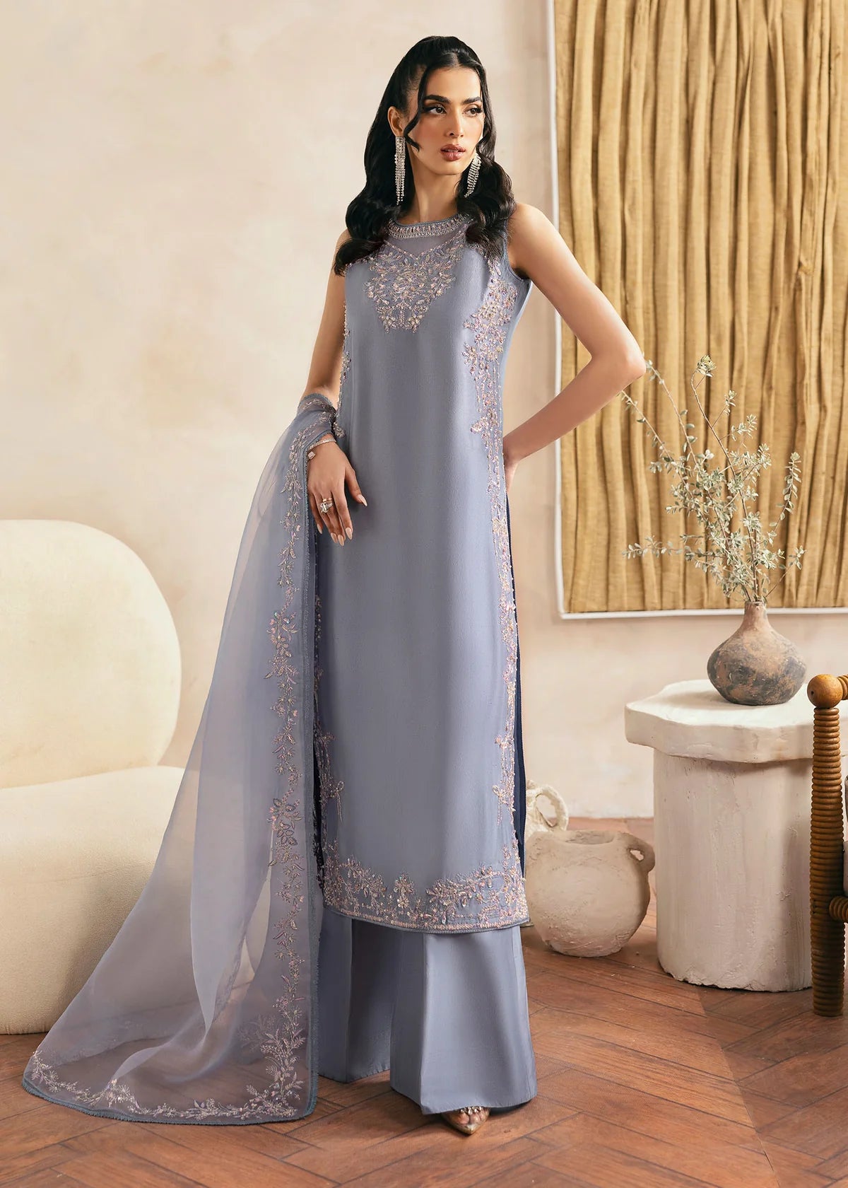Model wearing Kanwal Malik Natalia grey luxury pret dress. Shop Pakistani clothes online in the UK for festive and casual wear.