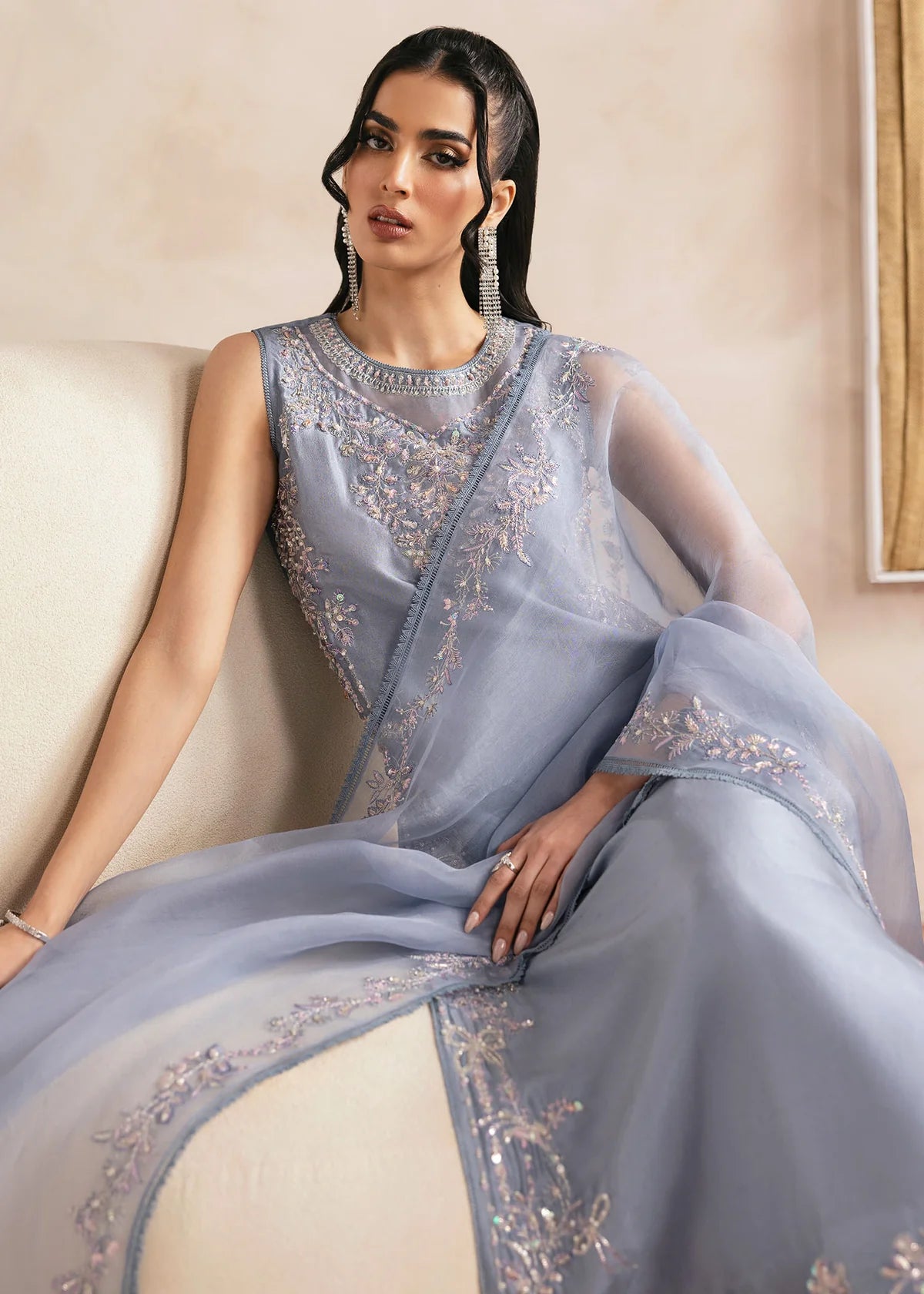 Model wearing Kanwal Malik Natalia grey luxury pret dress. Shop Pakistani clothes online in the UK for festive and casual wear.