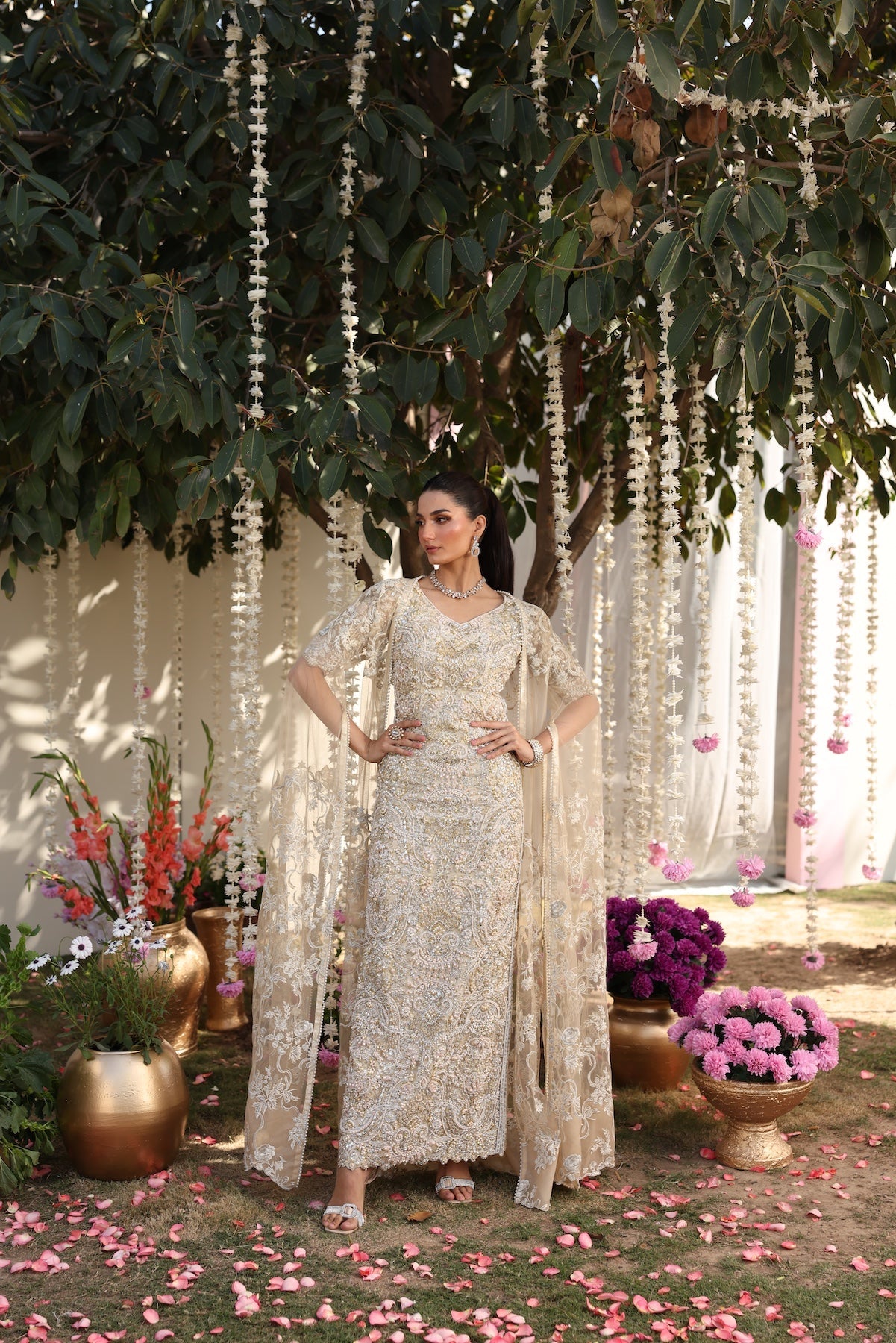 Model wearing beige embellished straight-cut shirt with trousers from Mysie By Tahira’s Tessa, featuring intricate detailing, Pakistani luxury pret clothes online in UK.