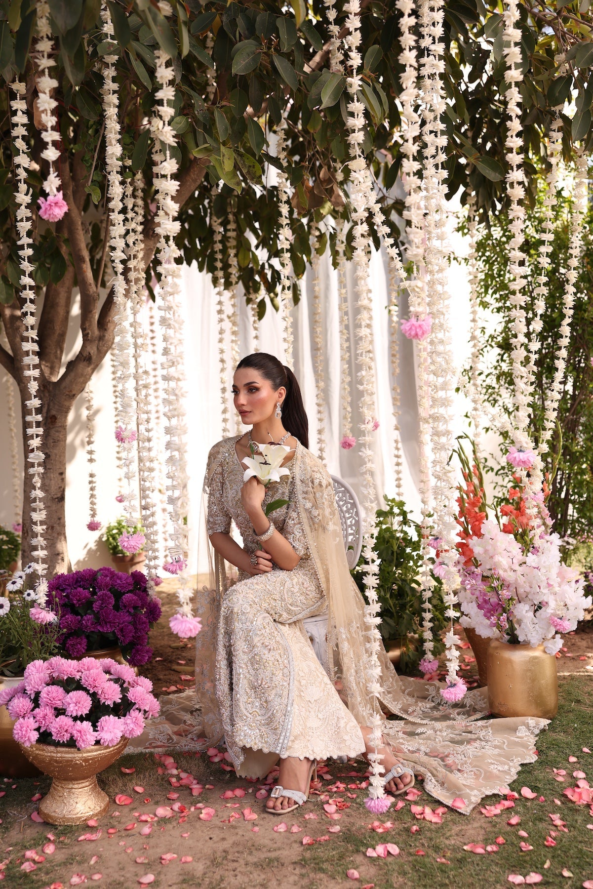 Model wearing beige embellished straight-cut shirt with trousers from Mysie By Tahira’s Tessa, featuring intricate detailing, Pakistani luxury pret clothes online in UK.