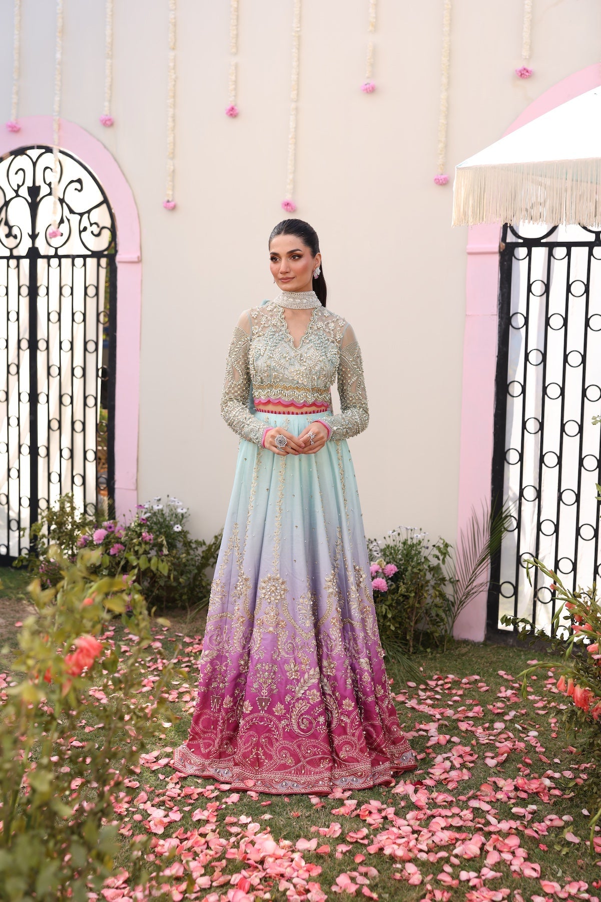 Model wearing gradient ombré pastel blue and pink Ghazal dress from Mysie By Tahira, Pakistani luxury pret and clothes online in UK.