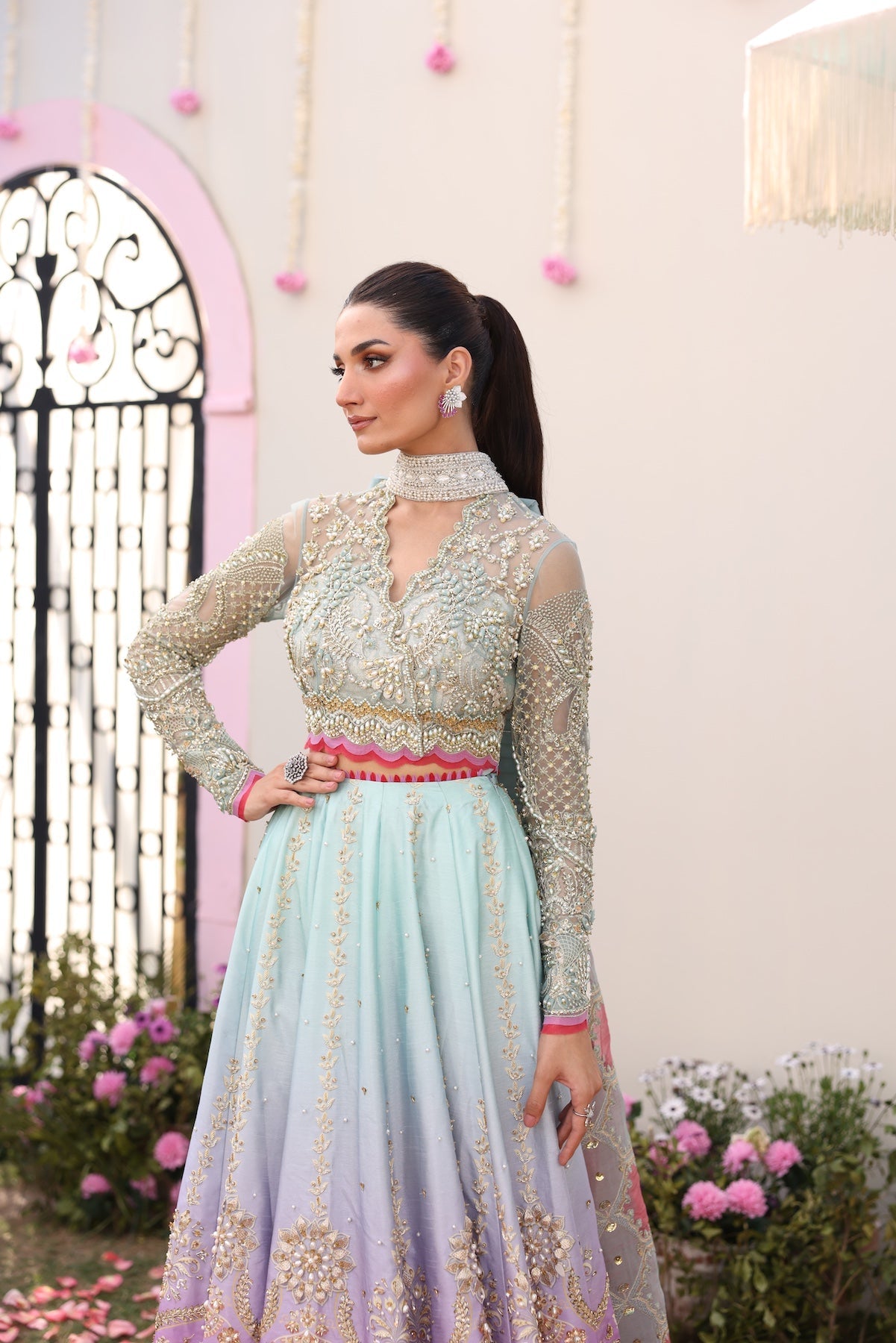 Model wearing gradient ombré pastel blue and pink Ghazal dress from Mysie By Tahira, Pakistani luxury pret and clothes online in UK.