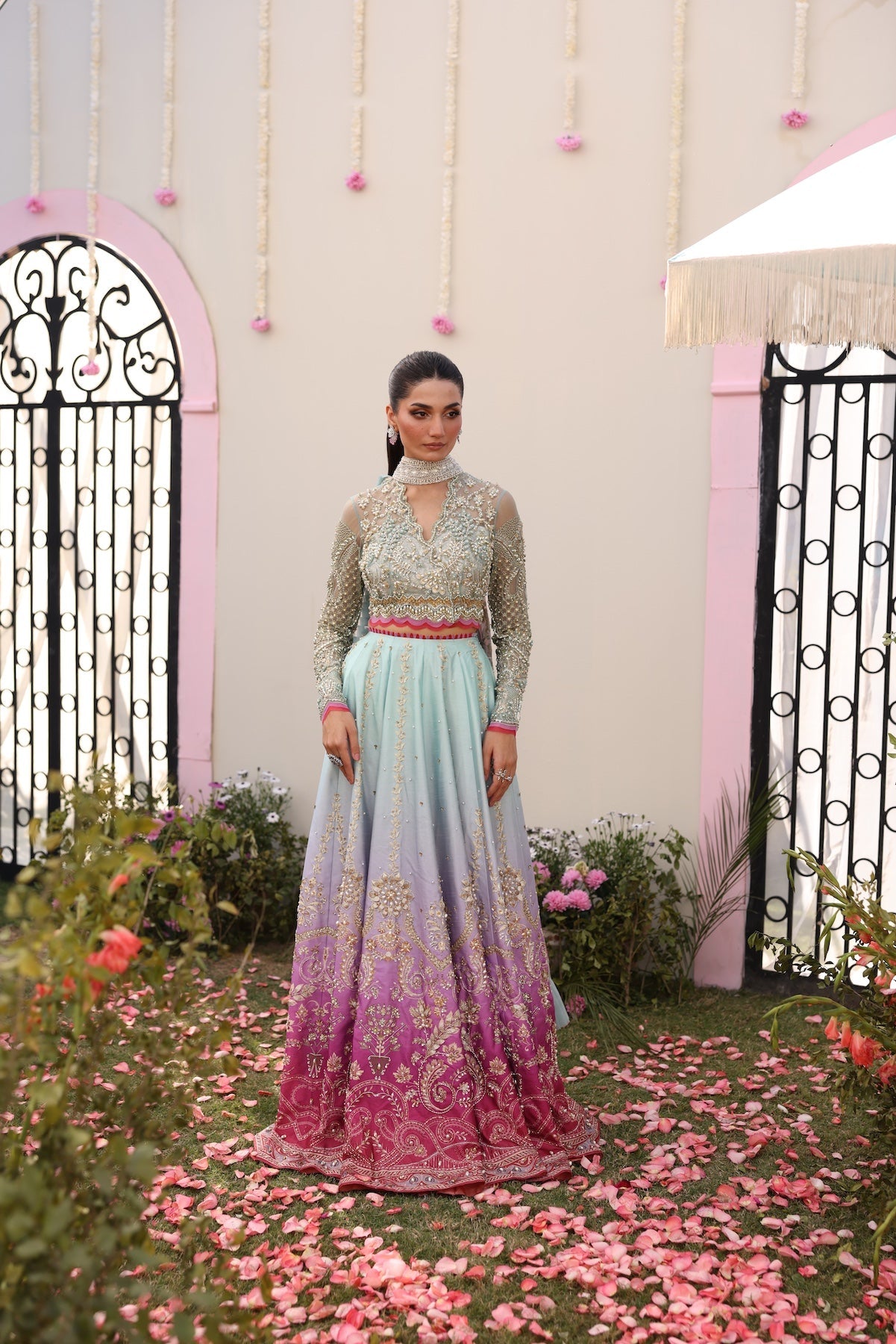Model wearing gradient ombré pastel blue and pink Ghazal dress from Mysie By Tahira, Pakistani luxury pret and clothes online in UK.