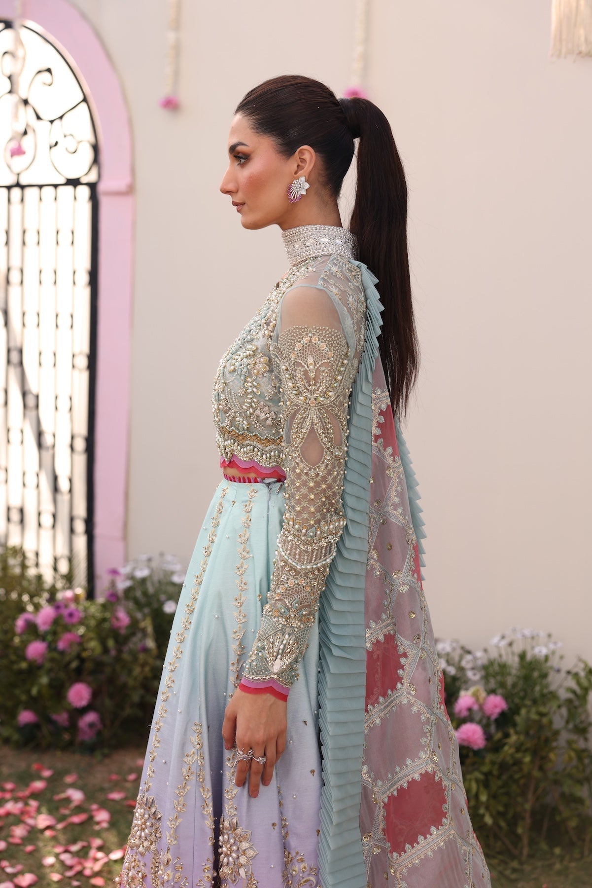 Model wearing gradient ombré pastel blue and pink Ghazal dress from Mysie By Tahira, Pakistani luxury pret and clothes online in UK.