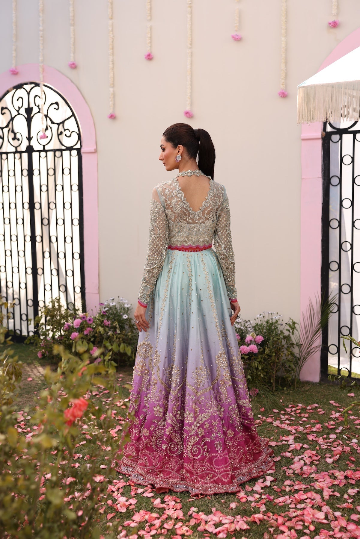 Model wearing gradient ombré pastel blue and pink Ghazal dress from Mysie By Tahira, Pakistani luxury pret and clothes online in UK.