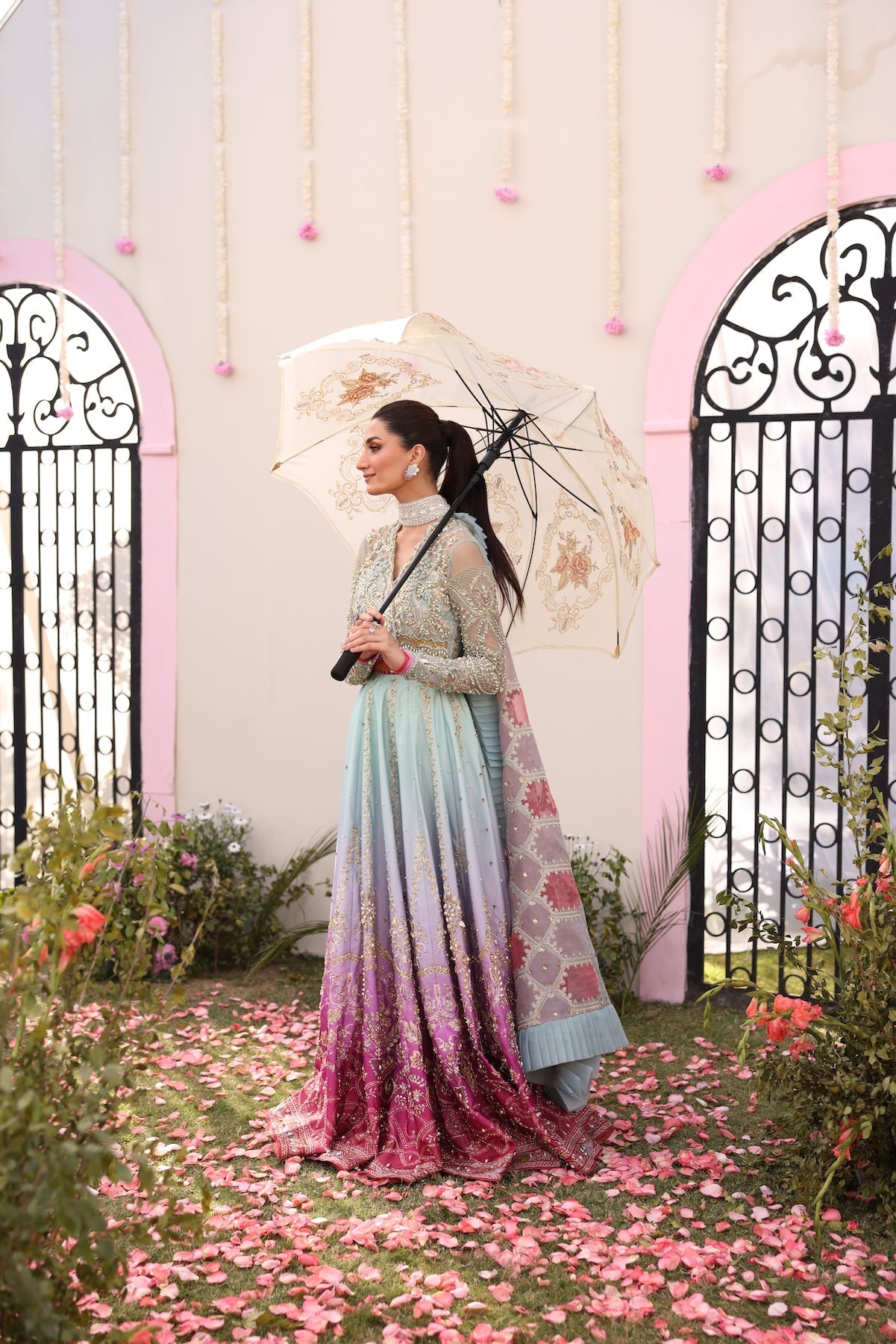 Model wearing gradient ombré pastel blue and pink Ghazal dress from Mysie By Tahira, Pakistani luxury pret and clothes online in UK.
