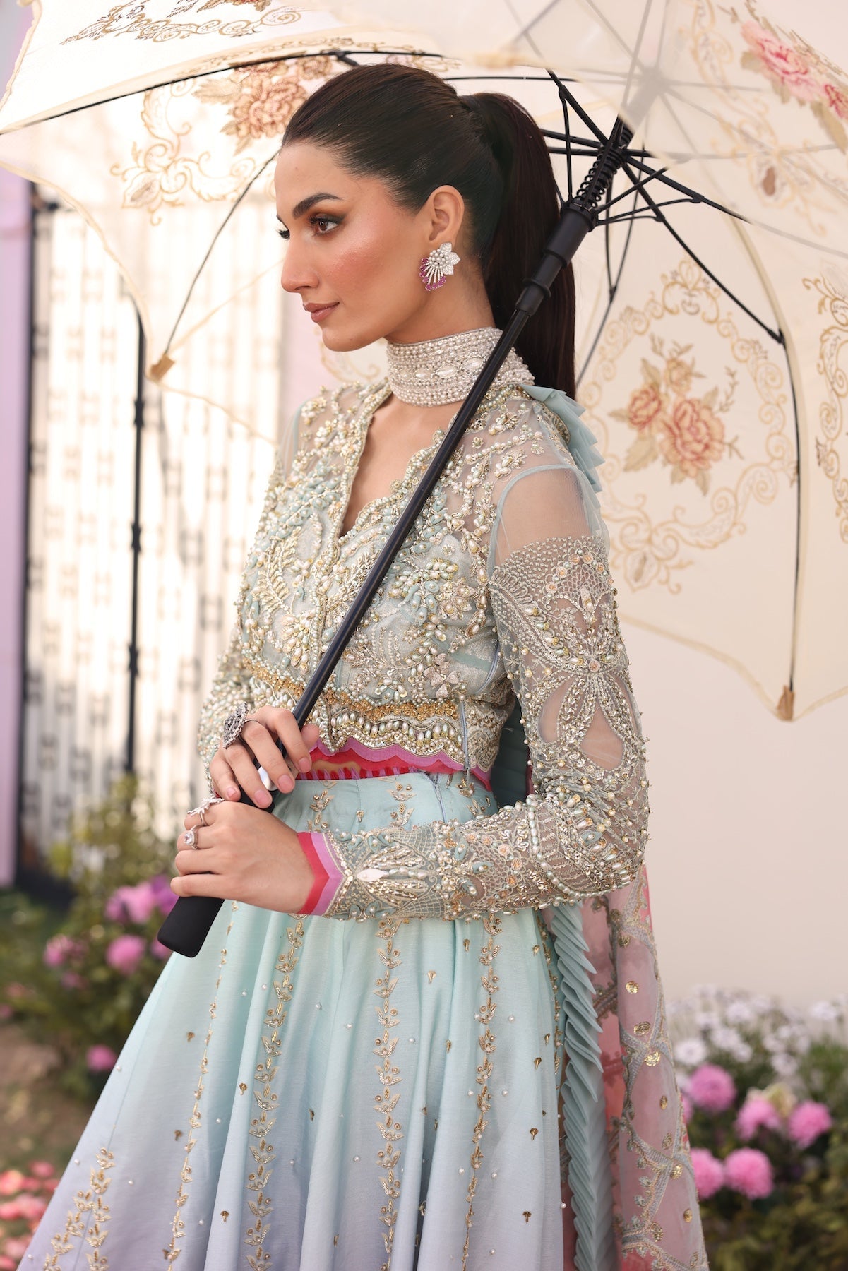 Model wearing gradient ombré pastel blue and pink Ghazal dress from Mysie By Tahira, Pakistani luxury pret and clothes online in UK.