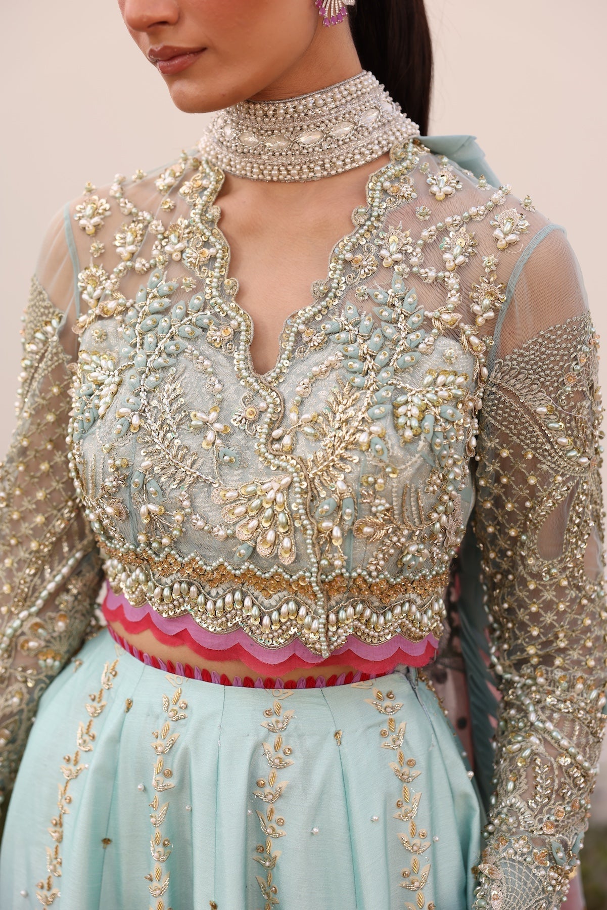 Model wearing gradient ombré pastel blue and pink Ghazal dress from Mysie By Tahira, Pakistani luxury pret and clothes online in UK.