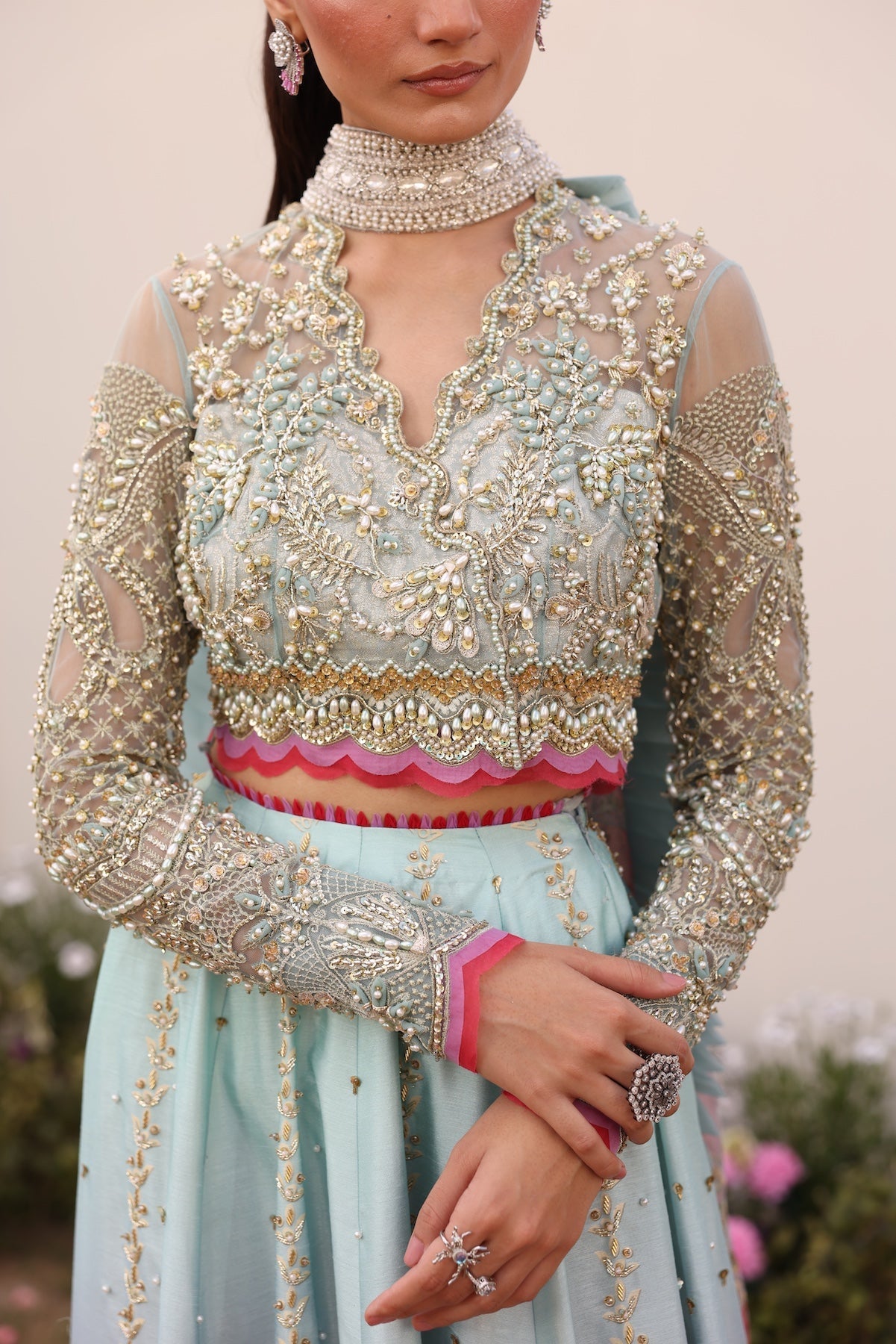 Model wearing gradient ombré pastel blue and pink Ghazal dress from Mysie By Tahira, Pakistani luxury pret and clothes online in UK.