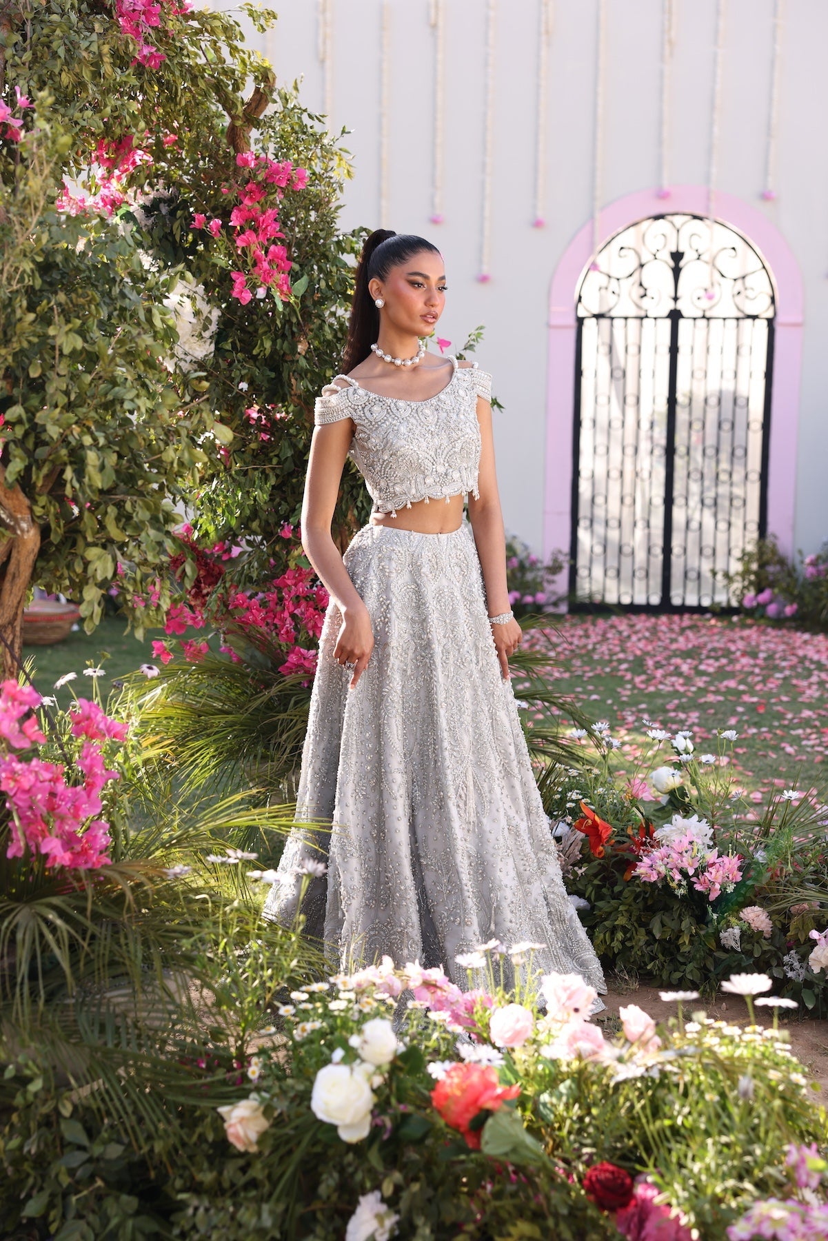 Model wearing silver embellished formal dress from Mysie By Tahira's Mia, Pakistani Luxury pret available online in UK.