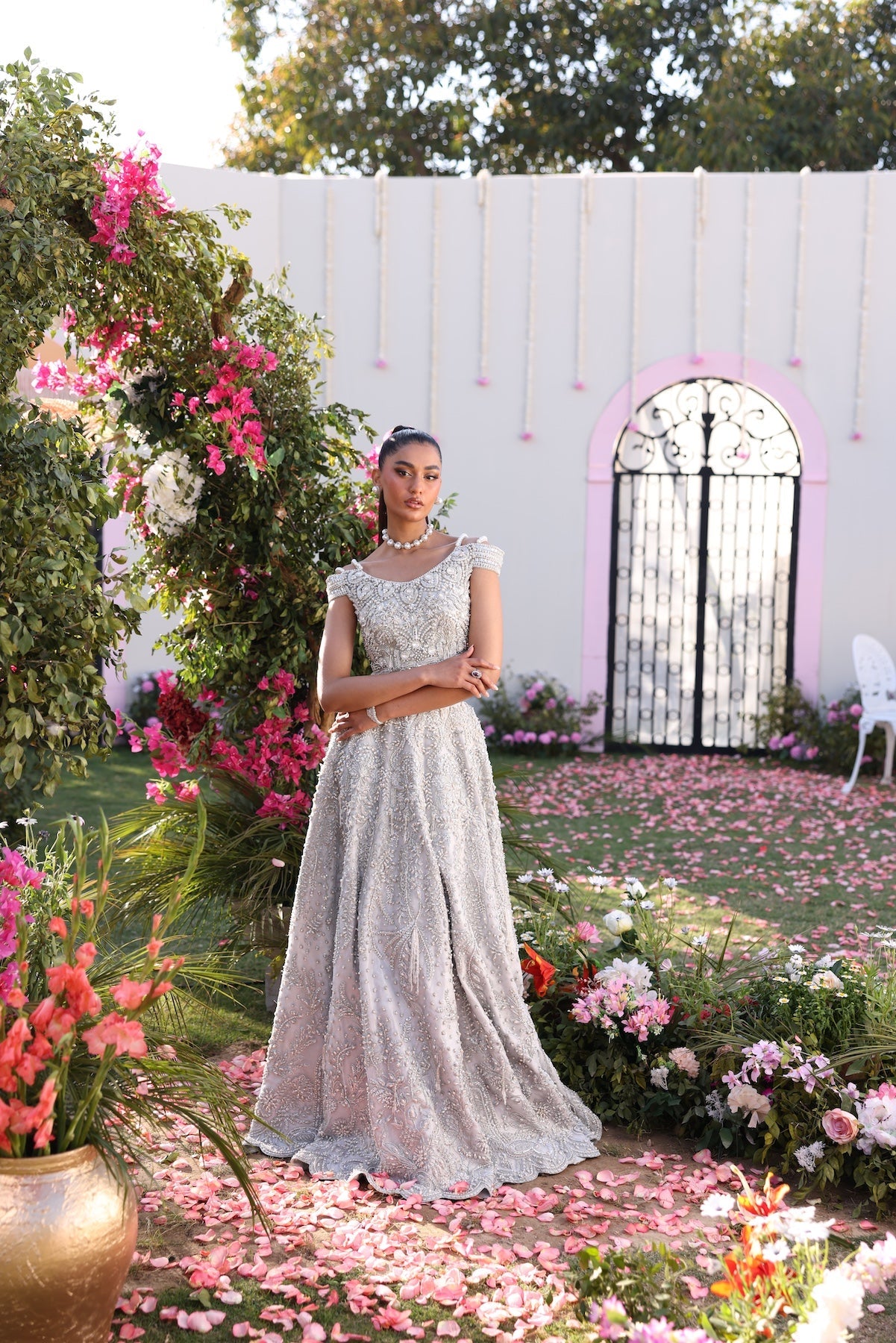 Model wearing silver embellished formal dress from Mysie By Tahira's Mia, Pakistani Luxury pret available online in UK.