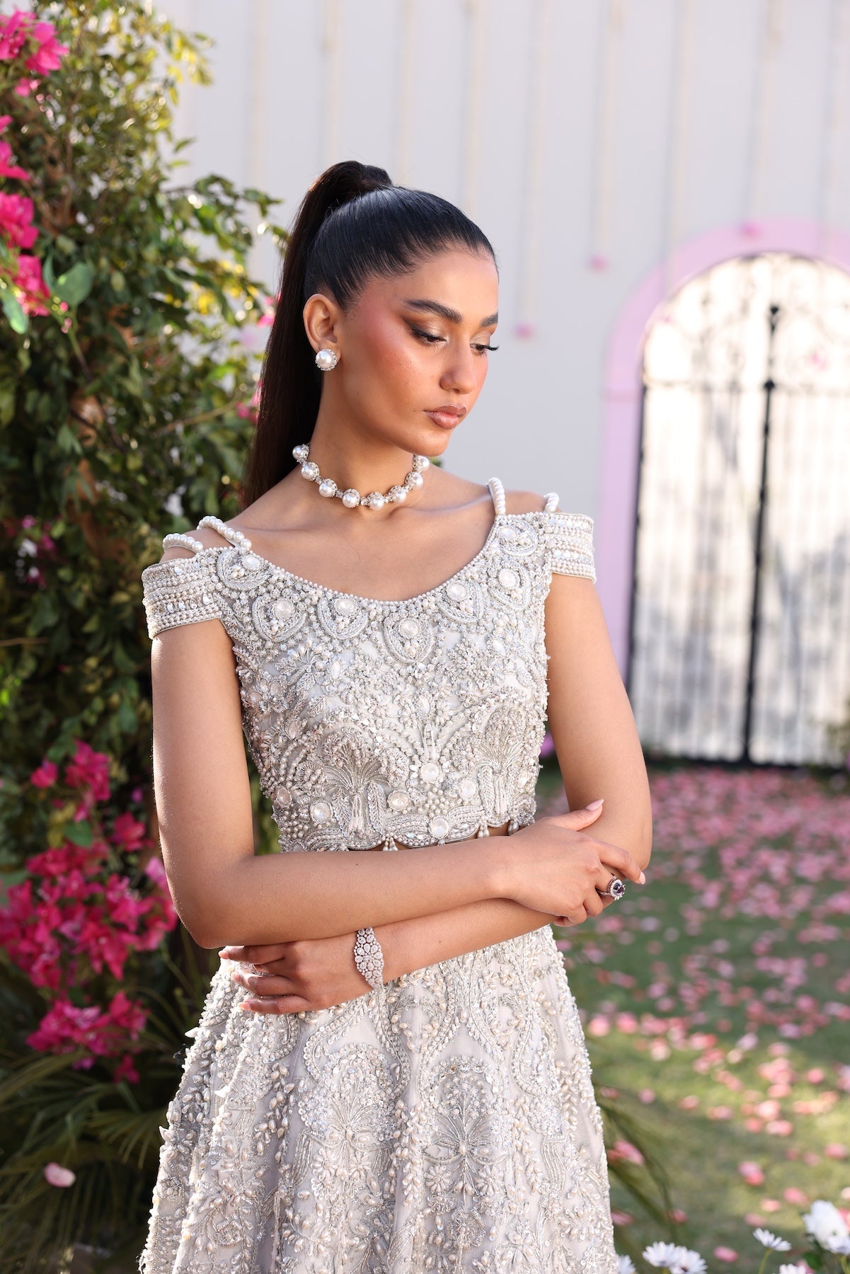 Model wearing silver embellished formal dress from Mysie By Tahira's Mia, Pakistani Luxury pret available online in UK.